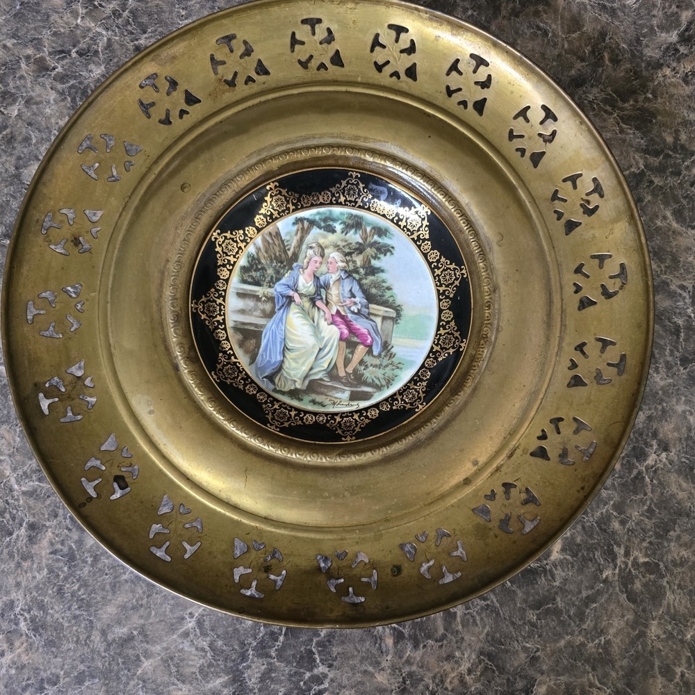 Vintage Regency Bone China Wall Decor Plate Mounted in Brass Filigree Frame 12"